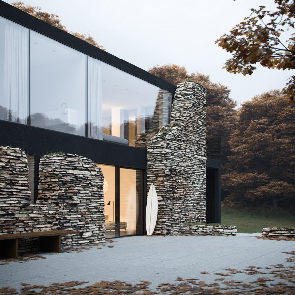 House comprised of ruins and glass