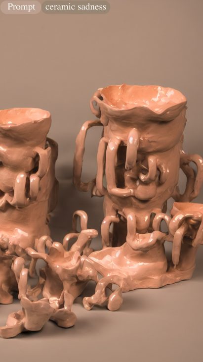 AI-generated image of clay-red vessels with many looping handles to the point of absurdity and a glossy glaze. The prompt written above is 'ceramic sadness'