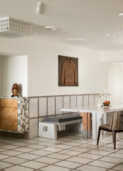 Dining room of the Gingham Dreams apartment in Mumbai by MuseLAB