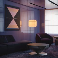Purple room with white shoji screens