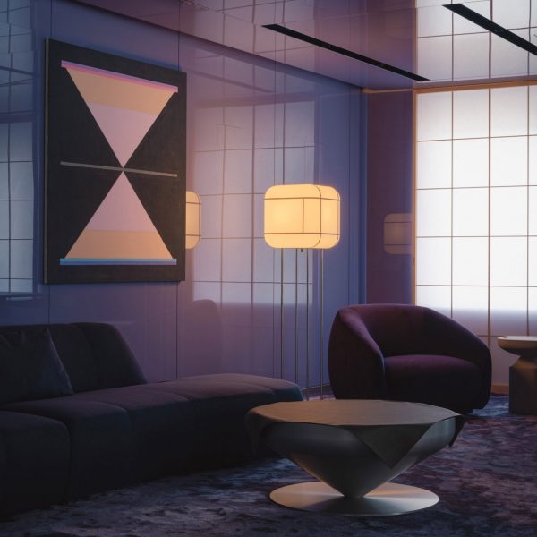 Purple room with white shoji screens