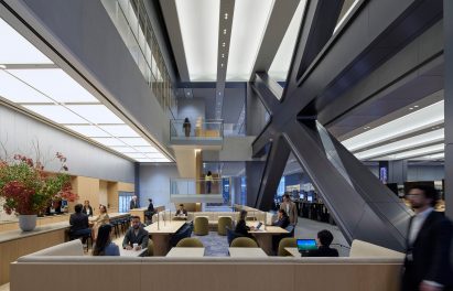 Distinctive structural diagrid is expressed inside an atrium space