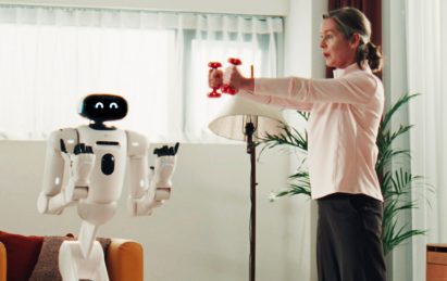 Robot next to a woman working out