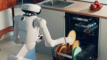 Cloid robot by LG loading dishes into a dish washer