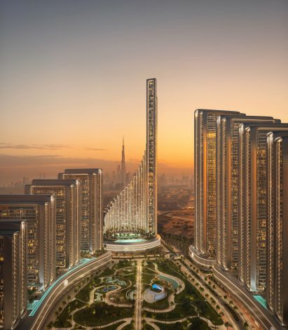 Sculptural skyscraper between towers