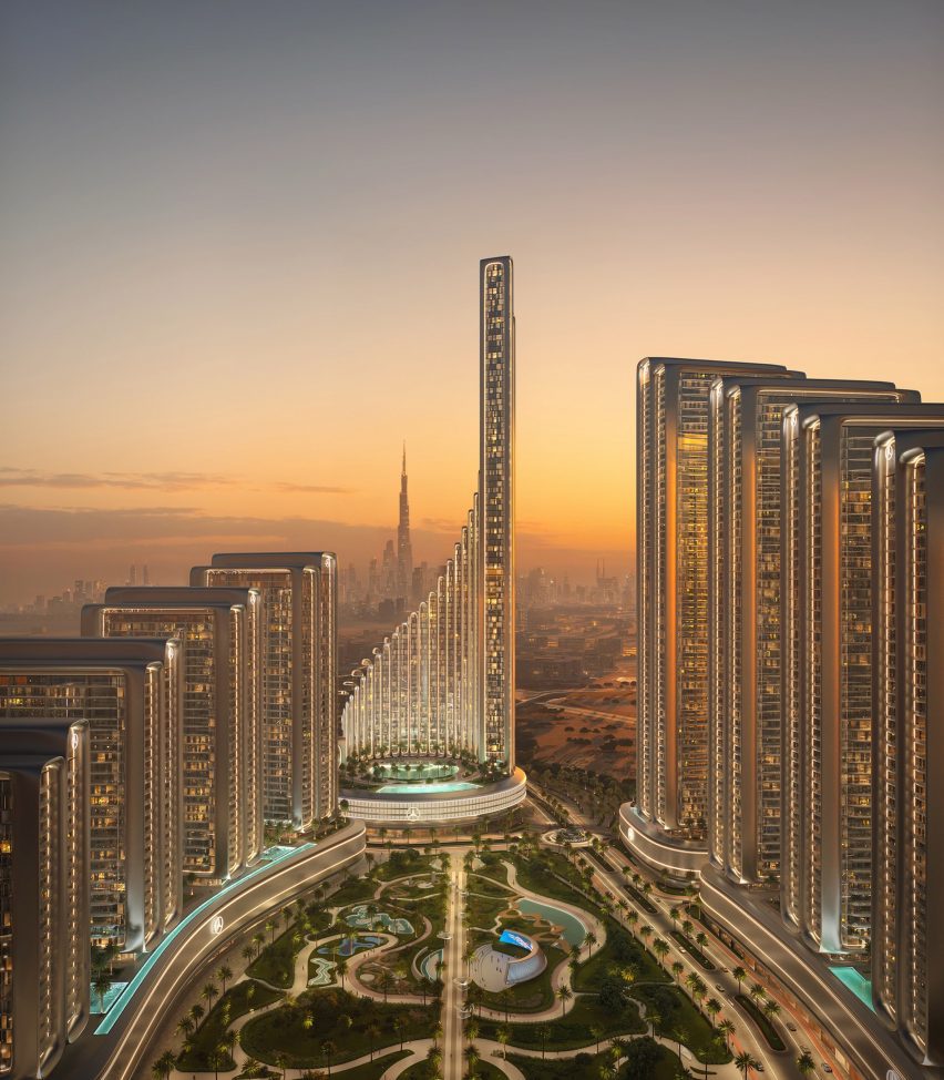 Sculptural skyscraper between towers