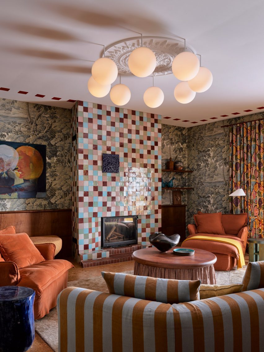 Colourful tiled fireplace