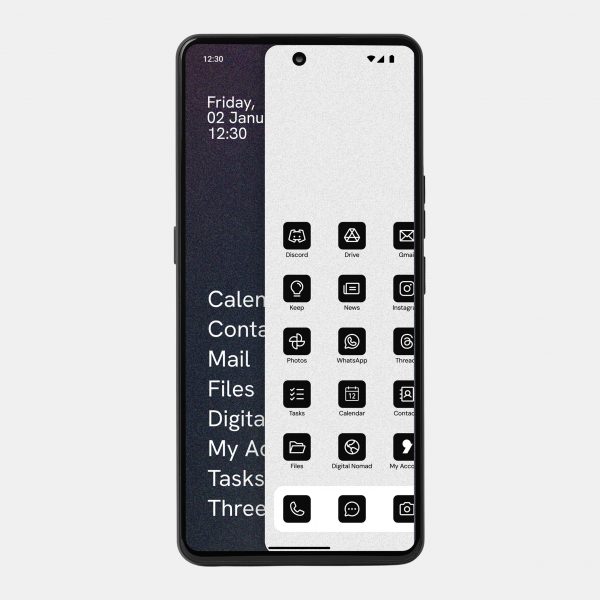 An image of the MC03 phone with AphyOS operating system showing the white, icon-based Wild Web environment on the right half of the screen and the black, text-based Vault environment on the left side