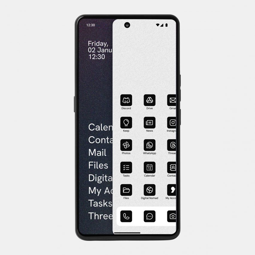 An image of the MC03 phone with AphyOS operating system showing the white, icon-based Wild Web environment on the right half of the screen and the black, text-based Vault environment on the left side