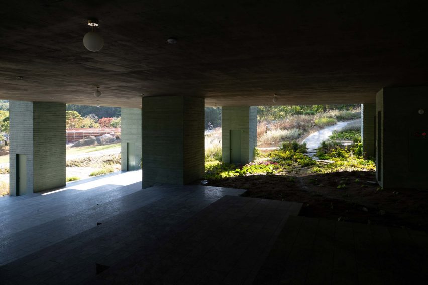 Stepped terrace underneath Überhaus restaurant in Les Jardins de Médongaule by Pezo von Ellrichshausen