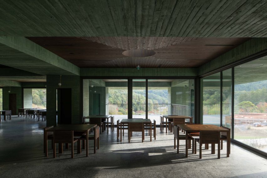 Dining room in Überhaus restaurant in Les Jardins de Médongaule by Pezo von Ellrichshausen