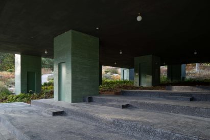 Stepped terrace underneath Überhaus restaurant in Les Jardins de Médongaule by Pezo von Ellrichshausen