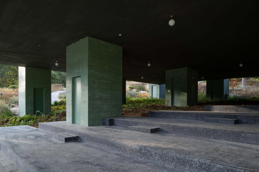 Stepped terrace underneath Überhaus restaurant in Les Jardins de Médongaule by Pezo von Ellrichshausen