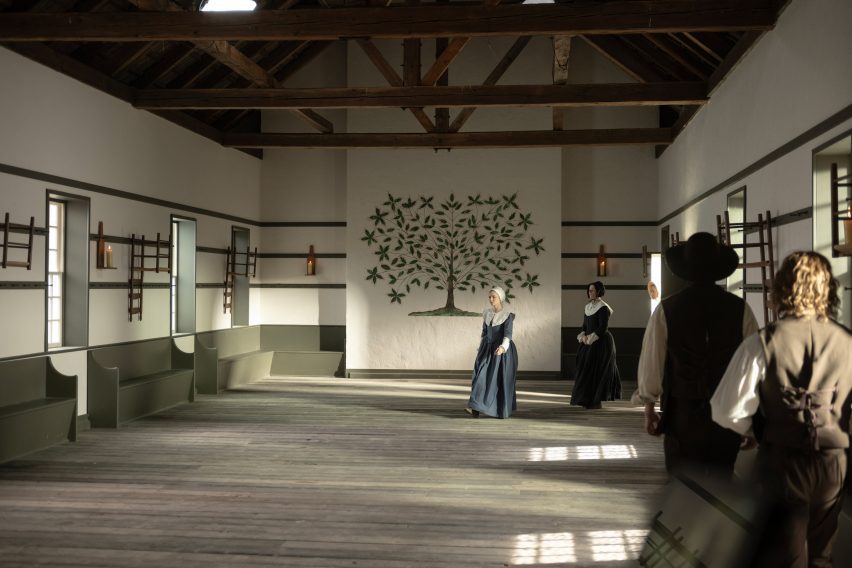 Photo of the set of the Shaker meeting hall in The Testament of Ann Lee