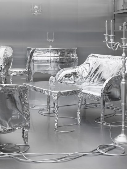 Silver seating area in Transformism installation by Harry Nuriev at Maison&Object