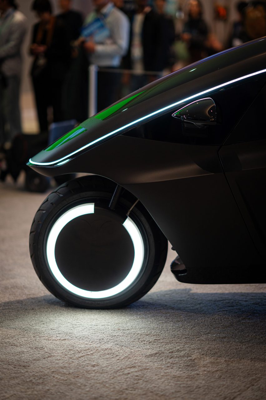 Photo of the front of the Trinity three-wheeler vehicle on display at CES