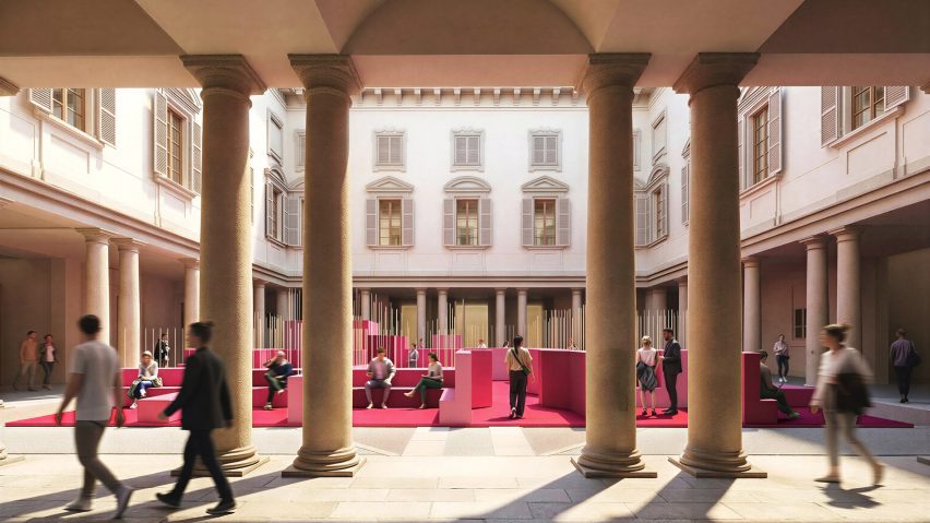 Milan palazzo courtyard with pink labyrinth