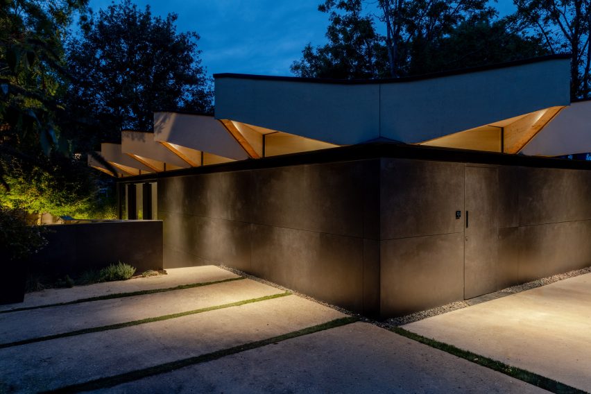 Overhanging triangular eaves of Arbour House by Andrei Saltykov