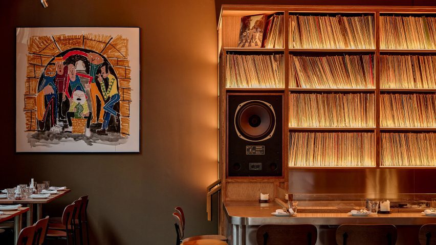 Backlit shelving with vinyl records