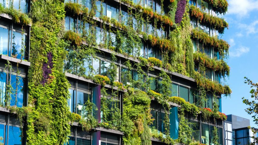 a building with green down on it