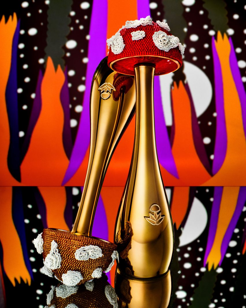 Mushroom bottles on patterned background