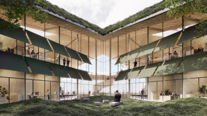 Render of a building with a glazed courtyard by Peter Pichler Architecture