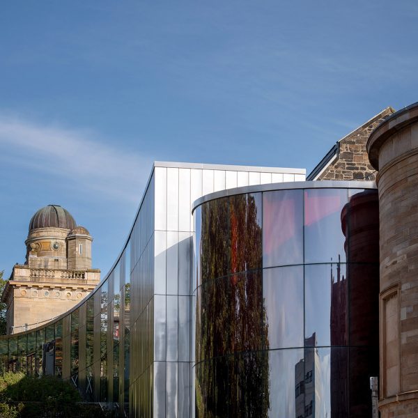 Red glass entrance to Paisley Museum