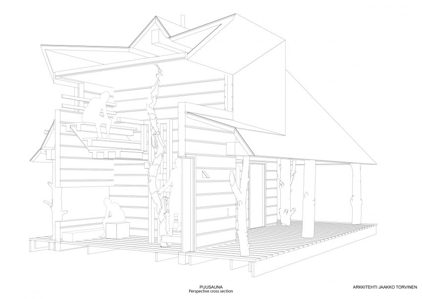 Sectional perspective of Puusauna by Jaakko Torvinen