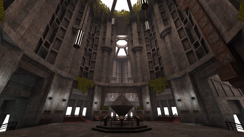 Cathedral-like brutalist Quake interior