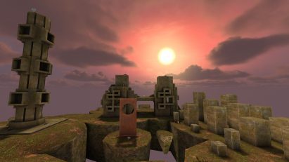 World with red sun and concrete sculptures