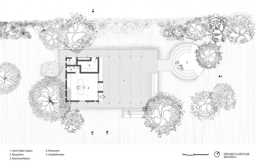 Entrance pavilion plan at Serenity retreat by Mar+rs
