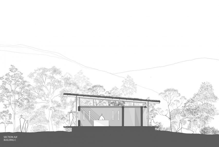 Entrance pavilion section at Serenity retreat by Mar+rs