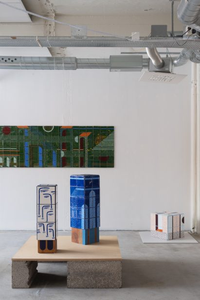 Tiled pillars from Stockholm Creative Edition exhibition at Industricentralen 2026