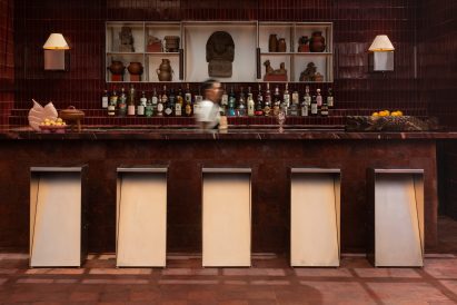 Red-hued drinks bar