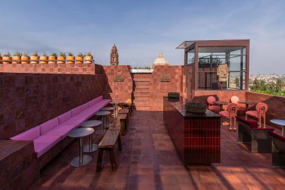 Red-hued terrace of Tonana bar, Mexico