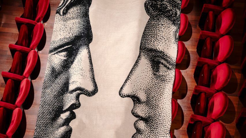 Rug designed by CC-Tapis and Fornasetti displayed over auditorium seats