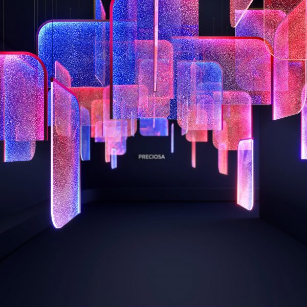 Digital graphic with pink and purple geometric shapes suspended from the ceiling