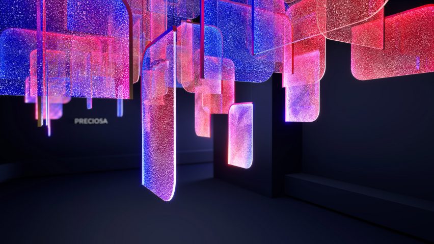 Digital graphic with pink and purple geometric shapes suspended from the ceiling