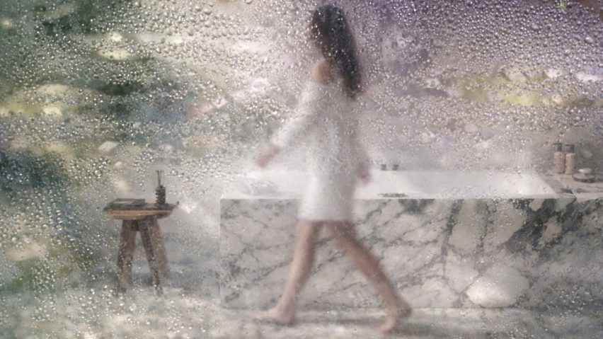 Distorted image of person in a bathroom