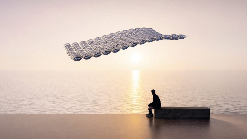 Graphic of an aerial structure suspended above a person sat on a bench