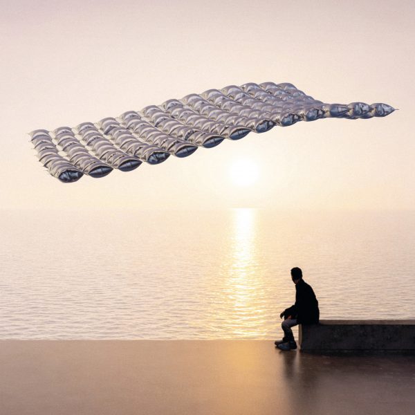 Graphic of an aerial structure suspended above a person sat on a bench