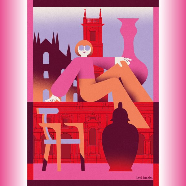 Artwork of woman sitting on a balcony overlooking Piazza Duomo