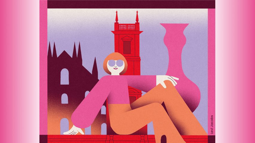 Artwork of woman sitting on a balcony overlooking Piazza Duomo