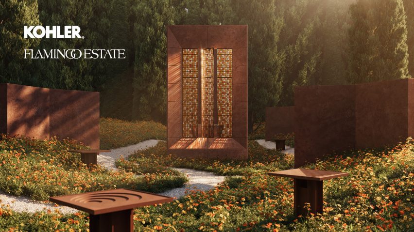 Render of bathhouse between flowers