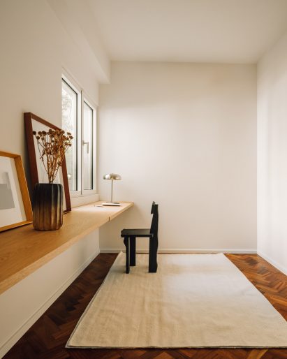 Office with wooden floor