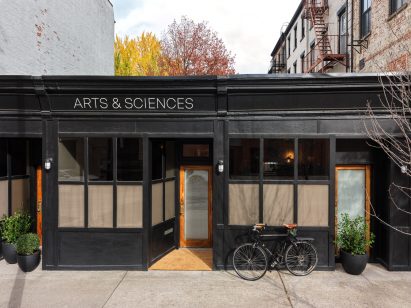 Restored black building facade