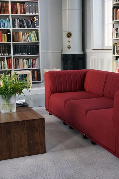 Red-hued sofa