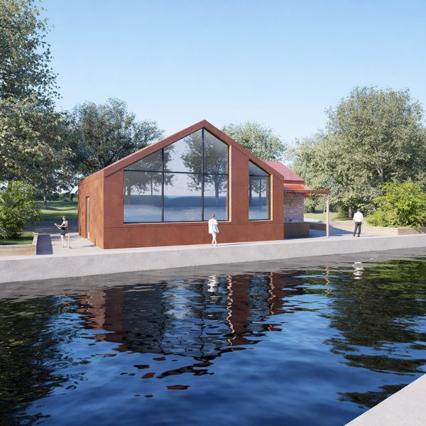 a visualisation of a house next to a river