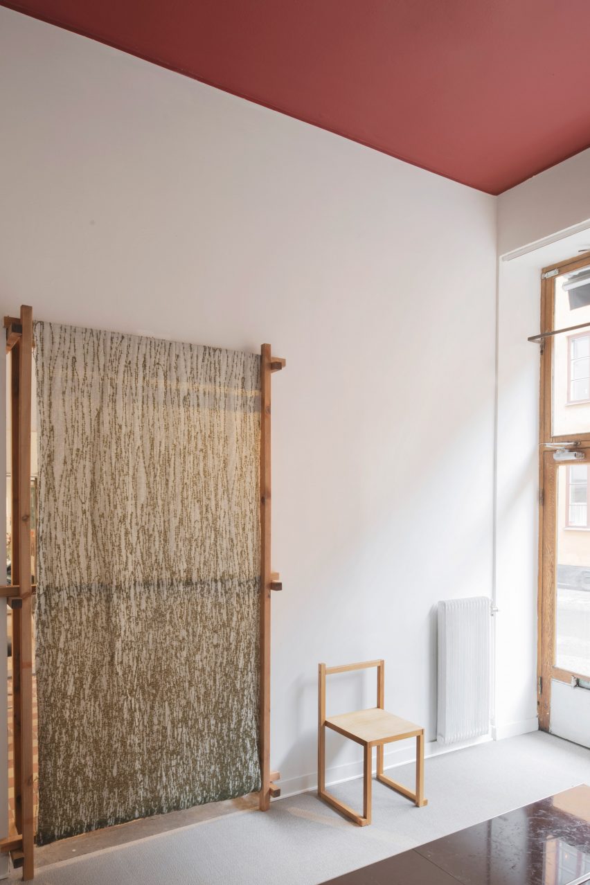 Embroidered curtain in En Doft store in Stockholm by All Matters Studio