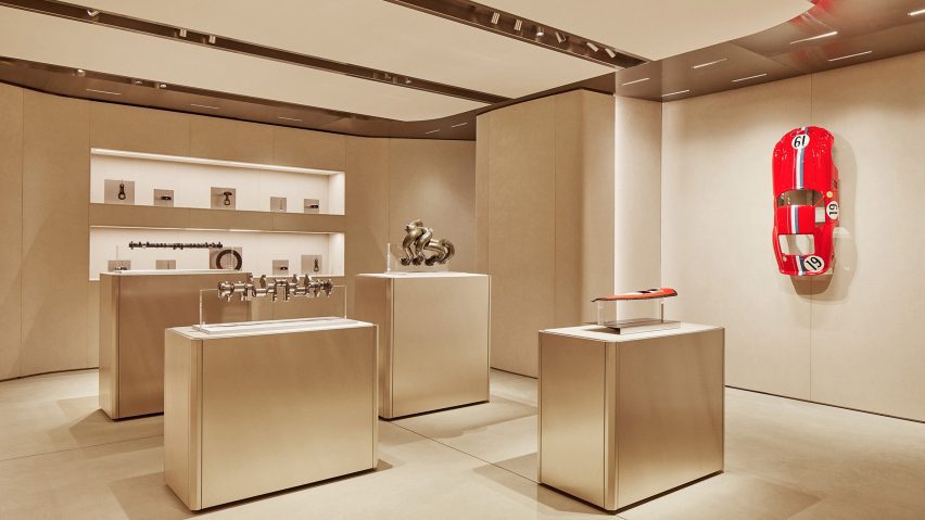 Shop interior with metallic, leather and red accents